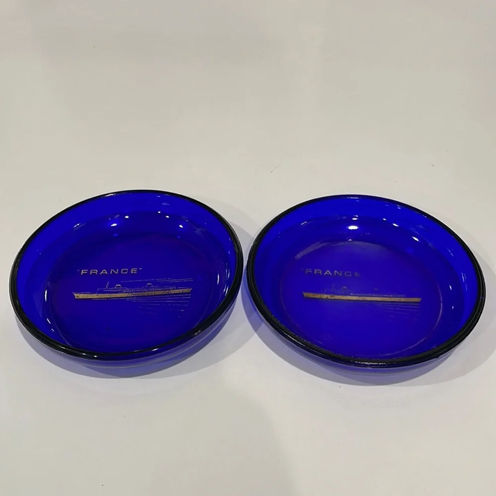French Ocean Liner SS France Pair of Rare Blue Glass Coasters/Trinket Dishes
